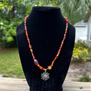 Beaded Sun Necklace | Red and Orange Beaded Necklace | Sun and Moon | Hippie Jewelry | Boho Jewelry | ErinsEarringEmporium