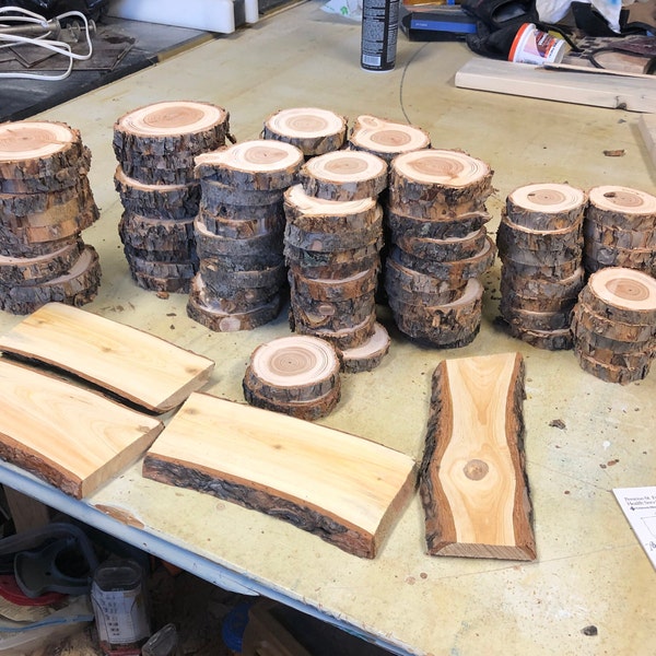 Hand Cut, Rustic Blue Stain, Live Edge Pine Slices, Engravable For Weddings, Gatherings, Parties. Use For Favors, Table Numbers, Coasters.