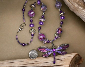 Purple dragonfly necklace, crystal necklace, dragonfly pendant, large dragonfly