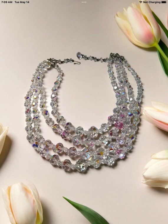 Vintage Clear crystal ab four strand necklace, au… - image 2