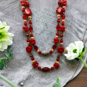 Red coral necklace, red necklace, red and gold necklace, coral necklace