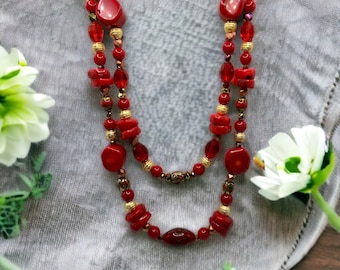Collar de coral rojo, collar rojo, collar rojo y dorado, collar de coral