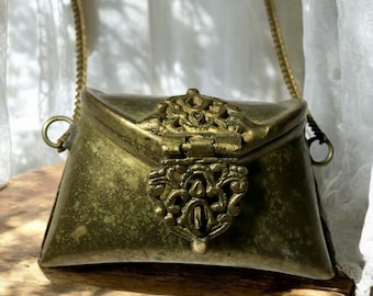 Vintage rare purse with chain, 1930s pillow purse, brass purse, purse jewelry