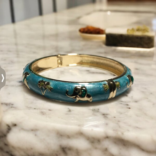 Elephant palm tree blue bracelet, turquoise bracelet, elephant rhinestone bracelet, aqua and gold bangle bracelet, for mom for her
