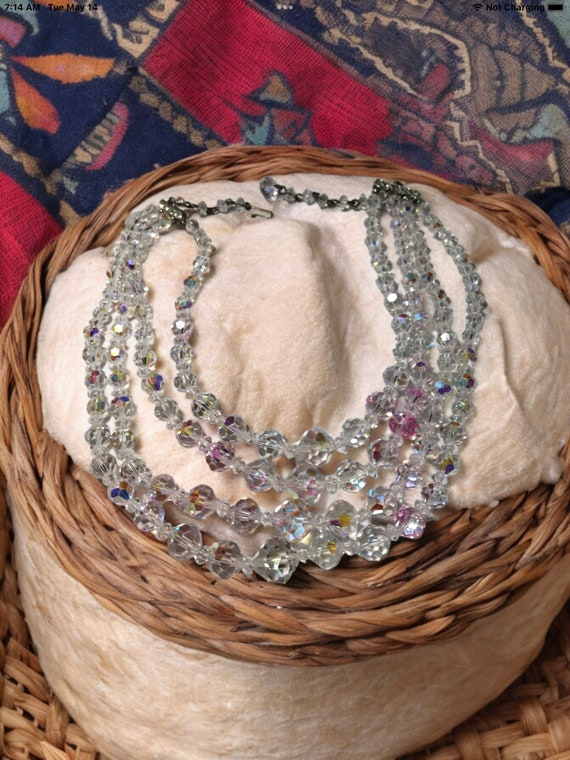 Vintage Clear crystal ab four strand necklace, au… - image 6