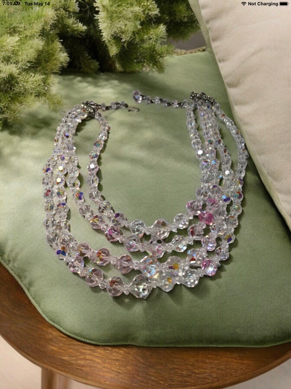 Vintage Clear crystal ab four strand necklace, au… - image 9