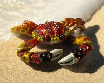 Vintage crab trinket pill box, crab collectible, rhinestone crab pill box or small trinket holder,