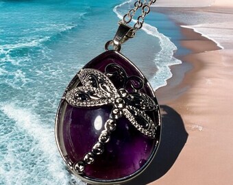 Handmade purple amethyst dragonfly necklace pendant, dragonfly gift, February birthstone, dragonfly jewelry, purple jewelry, gift for her