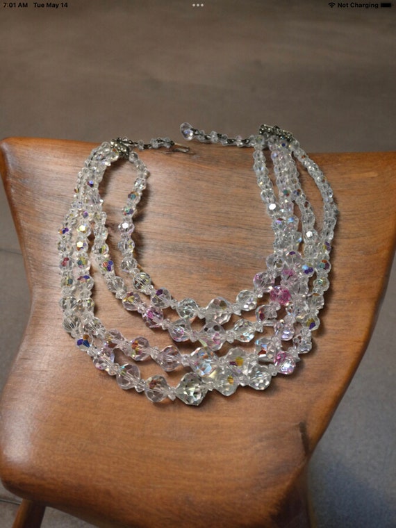 Vintage Clear crystal ab four strand necklace, au… - image 3