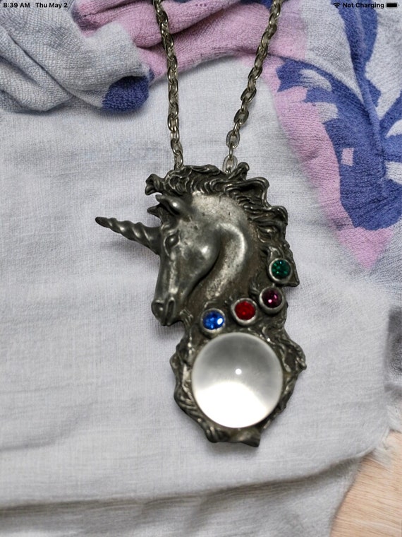 Vintage unicorn with crystal ball necklace, unicor