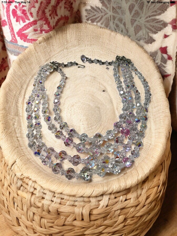 Vintage Clear crystal ab four strand necklace, au… - image 5