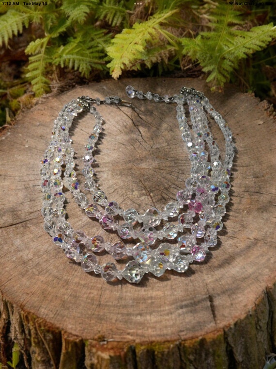 Vintage Clear crystal ab four strand necklace, au… - image 10