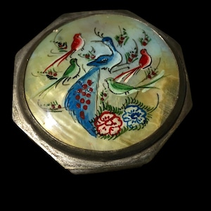 Vintage Peacock and bird pill or trinket box, mother of pearl trinket box.