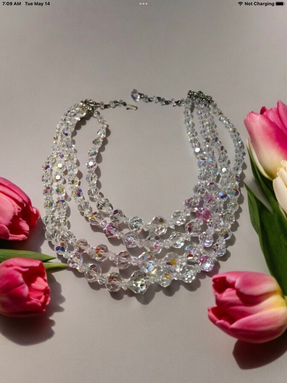 Vintage Clear crystal ab four strand necklace, au… - image 7