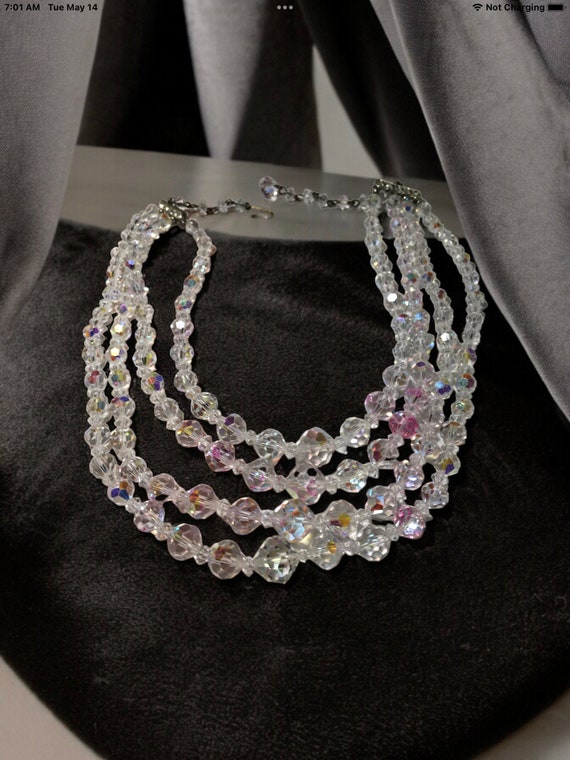 Vintage Clear crystal ab four strand necklace, au… - image 8
