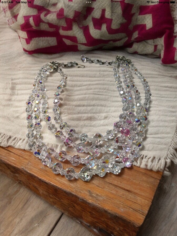 Vintage Clear crystal ab four strand necklace, au… - image 1