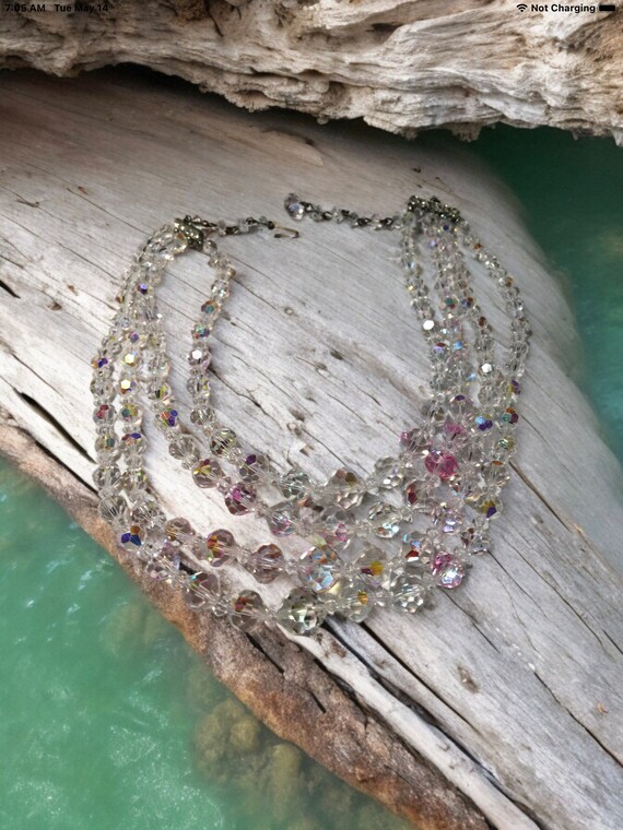 Vintage Clear crystal ab four strand necklace, au… - image 4