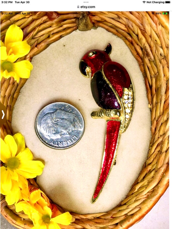 Vintage parrot brooch pin red parrot brooch gold parrot parrot jewelry vintage jewelry bird brooch bird jewelry