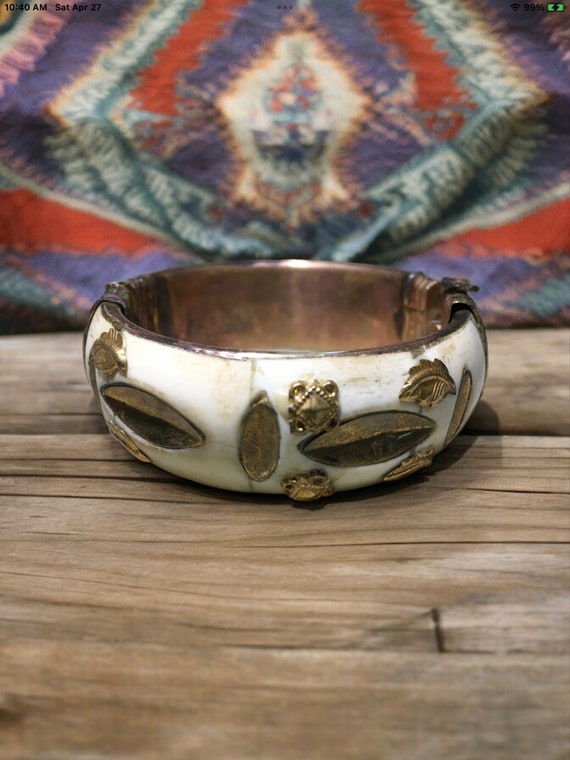 Vintage brass and bone hinged bracelet, gold leaf 