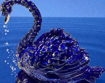 Blue Swan Trinket Box, Jewelry Box, Vintage Swan, Crystal Swan