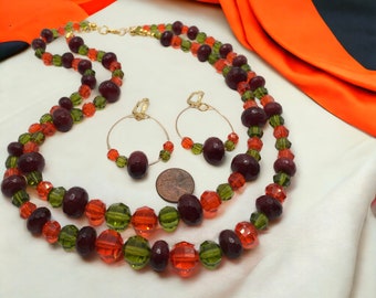 Orange, green necklace and earring set,  handmade necklace, orange, red and green necklace,crystal necklace,