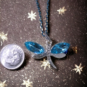Blue crystal dragonfly pendant, dragonfly necklace, rhinestone dragonfly, March birthstone, teal blue dragonfly