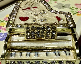 Caixa de bugigangas de piano vintage, presente para amantes da música, caixa de bugigangas de strass, pequena caixa de joias,