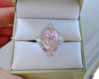 Stunning Estate 13.3 TCW Pink Kunzite and Diamond 14K White Gold Ballerina Ring Size 7.25+