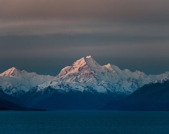 Mt. Cook seen from Lake Pukaki. New Zealand mountain landscape. Digital photo download.