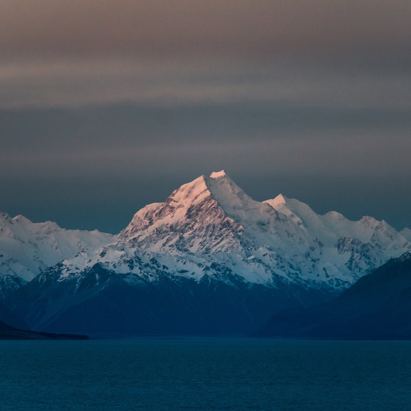 Mt. Cook seen from Lake Pukaki. New Zealand mountain landscape. Digital photo download.