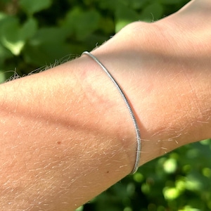 Könnte beinhalten: Ein silberfarbenes Schlangenkettenarmband wird an einem Arm getragen. Das Armband ist dünn und flexibel, mit einer strukturierten Oberfläche. Der Hintergrund ist verschwommenes grünes Laub.