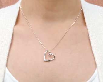 Sterling Silver Floating Heart Pendant Necklace • High Polished Curved Heart • Valentines Love Charm • Valentine Mother Day Heart Charm Gift