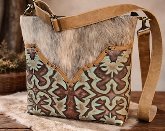 Bolso bandolera de piel de vaca / Bolso de estilo western de piel turquesa repujada / Bolso de hombro estilo boho cowgirl