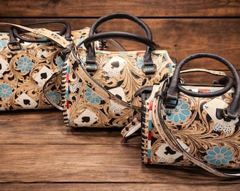 Bolso Western Speedy de cuero repujado, flor turquesa, bolso de mano estilo vaquera