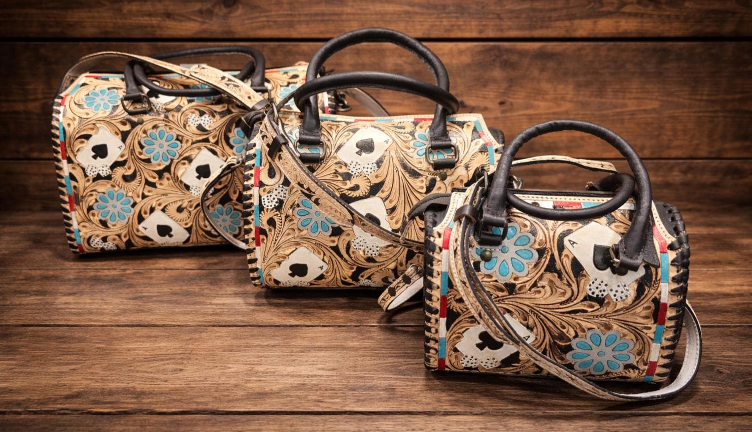 Tooled Leather Western Speedy Bag, Turquoise Blossom, Cowgirl Card Handbag