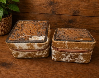 Western Cowhide Jewelry Case | Tooled Leather Travel Jewelry Organizer | Hair-on-Hide Jewelry Box | Compact Jewelry Storage Case | Gift