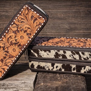 Schmuck, Reise, Aufbewahrungskoffer. Western-punziertes Leder & Buckstitch.