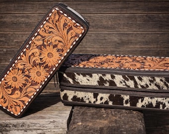 Estuche para joyas, viajes y almacenamiento. Cuero repujado estilo western y pespunteado.
