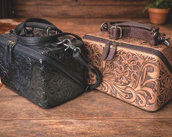 Bolso de viaje de piel repujada – Bandolera con estampado floral estilo western