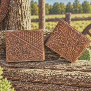 May include: Two brown leather bi-fold wallets featuring intricate floral and basket-weave tooling patterns. The wallets are rectangular with visible stitching along the edges, showcasing a detailed embossed texture on the exterior surfaces.