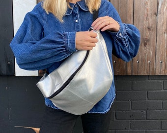Silver Faux Leather Sling Bag/Fanny pack
