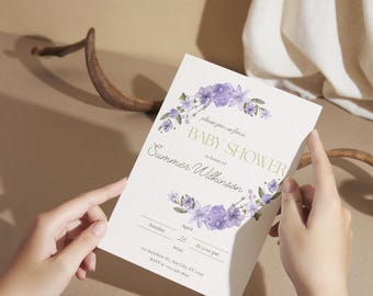 Invito per baby shower modificabile con motivo floreale viola, invito per baby shower Boho, elegante, con fiori di campo