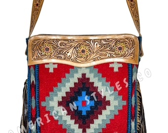 Western Geniune Saddle Blanket Purse##Saddle Blanket Bag##Southwest Bag##Tote Bag##Shoulder Bag##Geniune Tooled Leather with floral details