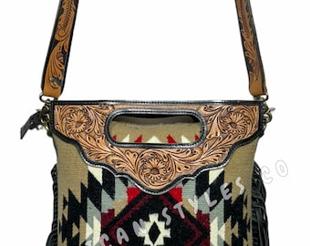 Western Geniune Saddle Blanket Purse##Saddle Blanket Bag##Southwest Bag##Tote Bag##Shoulder Bag##Geniune Tooled Leather with floral details
