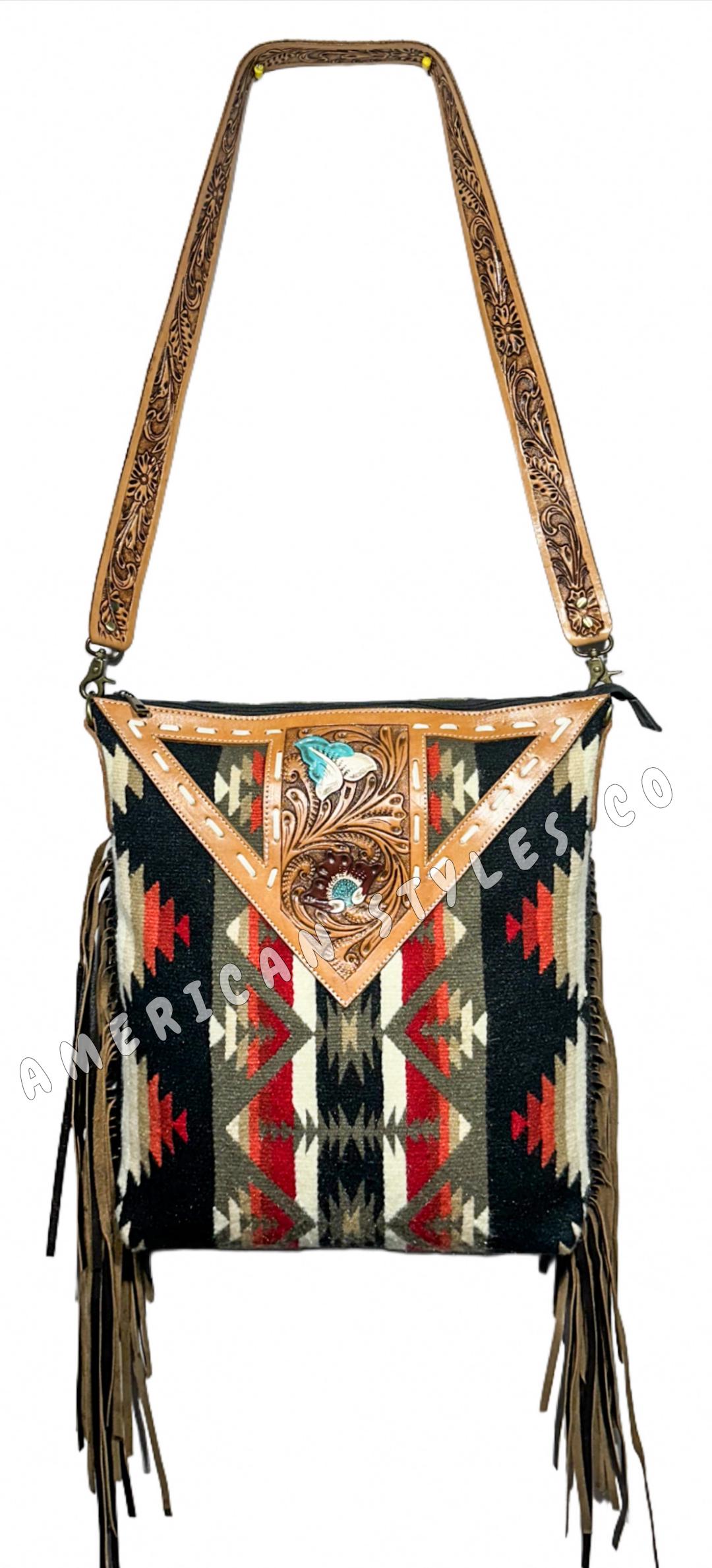Western Geniune Saddle Blanket Purse##Saddle Blanket Bag##Southwest Bag##Tote Bag##Shoulder Bag##Geniune Tooled Leather with floral details