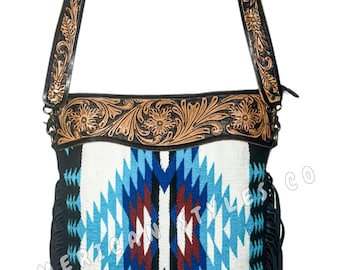 Western Geniune Saddle Blanket Purse##Saddle Blanket Bag##Southwest Bag##Tote Bag##Shoulder Bag##Geniune Tooled Leather with floral details