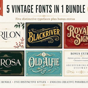 May include: A digital download bundle featuring five vintage fonts titled Brilon, Blackriver, Royal Signage, Mirosa, and Old Alfie. The graphic displays font names in various colors and styles, including bonus extras like alphabet previews and ornaments.