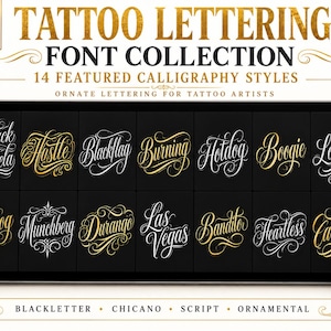 May include: A digital download collection of 14 tattoo lettering calligraphy styles displayed on a tablet screen. The text includes Black Angela, Hostle, Blackflag, Burning, Hotdog, Boogie, Loosing, Dirthog, Munchberg, Durango, Las Vegas, Bandito, Heartless, and Carlson.