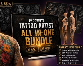 Pacchetto Procreate per la creazione di tatuaggi: pennelli, stencil e modelli 3D.