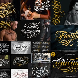 Può includere: Una collezione di font per tatuaggi in vari stili, tra cui "Blackflag", "Burning", "Loosing", "Dirtbag", "Familia", "Chicano", "Caryson", "Durango", "Matthew", "Black Angela", "Munehbery", "Bandit", "Fearless", "Brooklyn", "Tattoo Convention", "Original Calligraphy" e "Las Vegas".